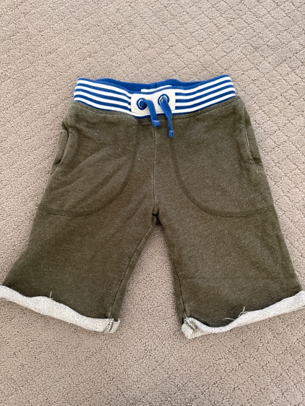 Mini Boden Olive Green Kids Drawstring Shorts with Striped Waistband